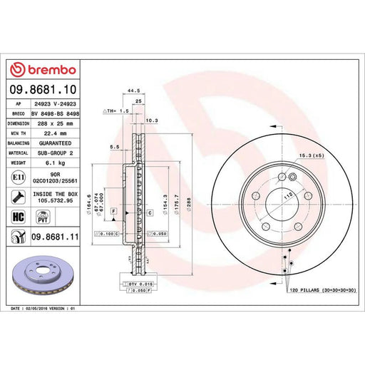 Brembo 2 x Internally Vented Front Brake Discs 09.8681.11