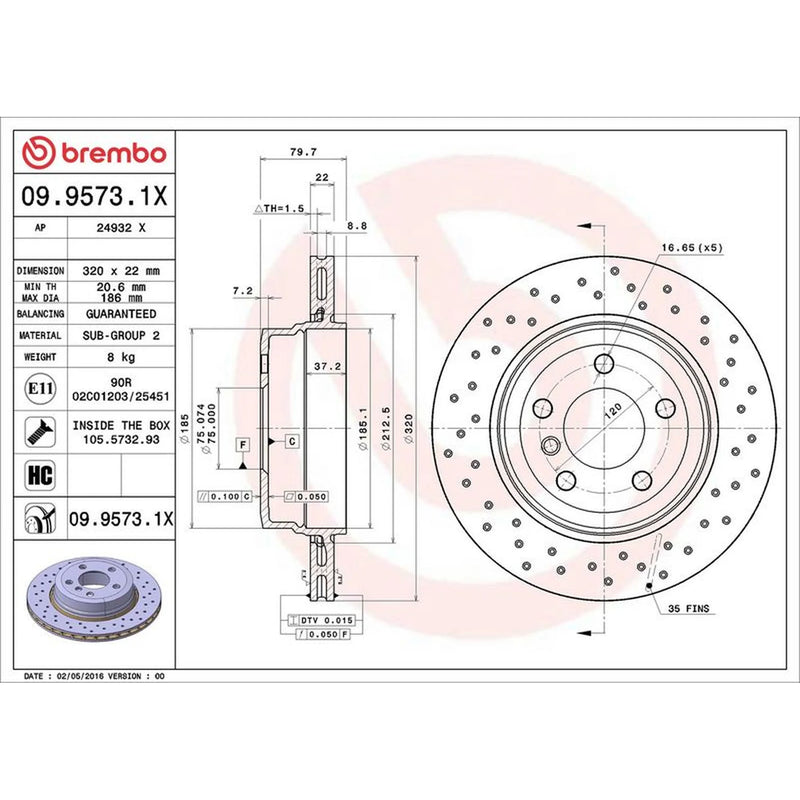 Brembo Xtra 2 x Perforated/Vented Rear Brake Discs 09.9573.1X