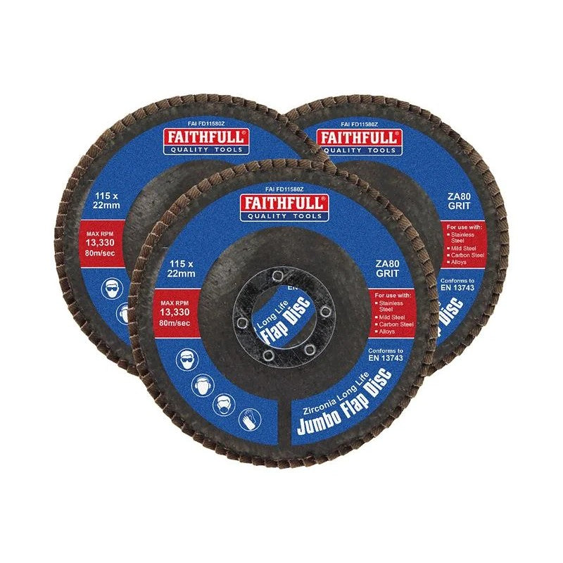 Faithfull Zirconia Abrasive Jumbo Flap Disc 115 x 22mm 80 Grit (3 Pack)