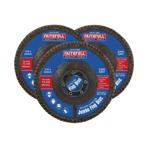 Faithfull Zirconia Abrasive Jumbo Flap Disc 115 x 22mm 80 Grit (3 Pack)