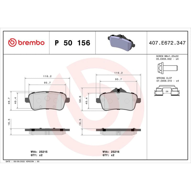 Brembo 4 x Rear Brake Pad Set P50156