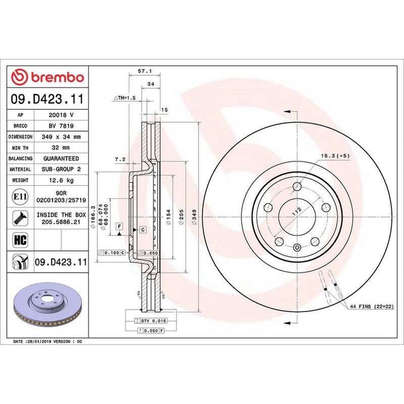 Brembo 2 x Internally Vented Front Brake Discs 09.D423.11