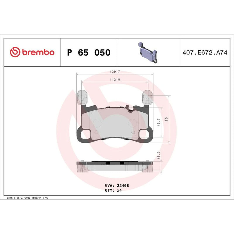 Brembo 4 x Rear Brake Pad Set P65050