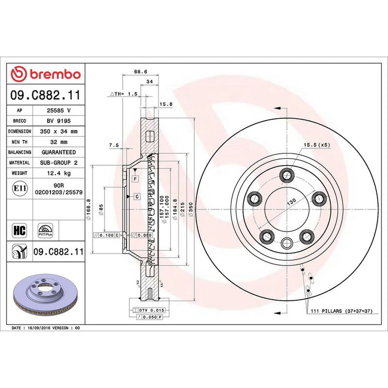 Brembo 2 x Internally Vented Front Brake Discs 09.C882.11
