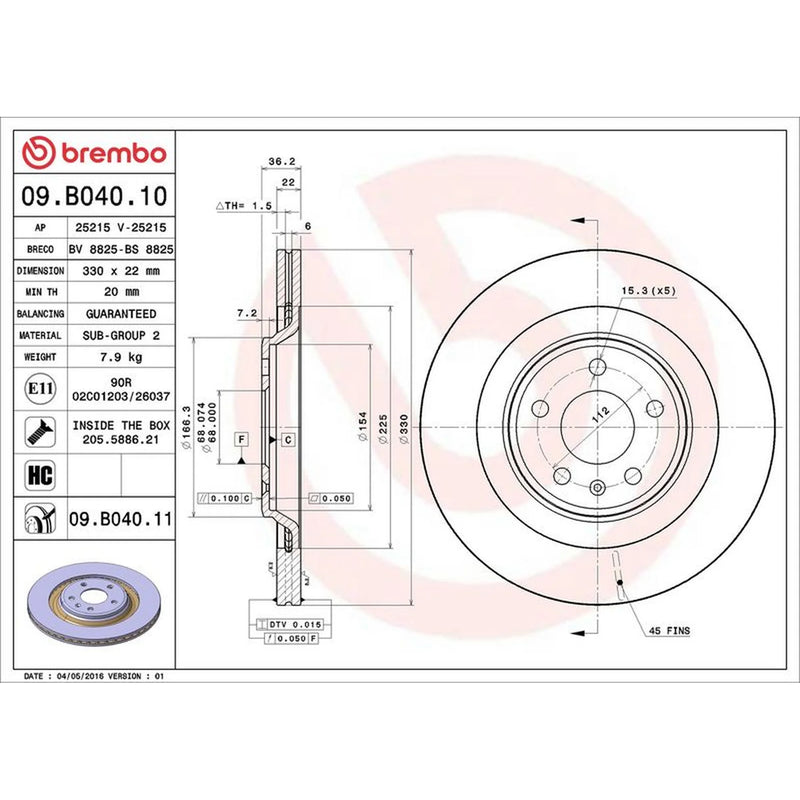 Brembo 2 x Internally Vented Rear Brake Discs 09.B040.11