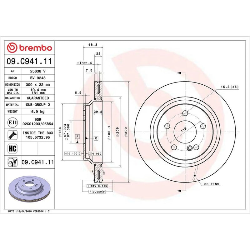 Brembo 2 x Internally Vented Rear Brake Discs 09.C941.11