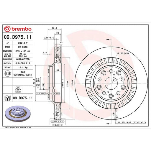 Brembo 2 x Internally Vented Rear Brake Discs 09.D975.11