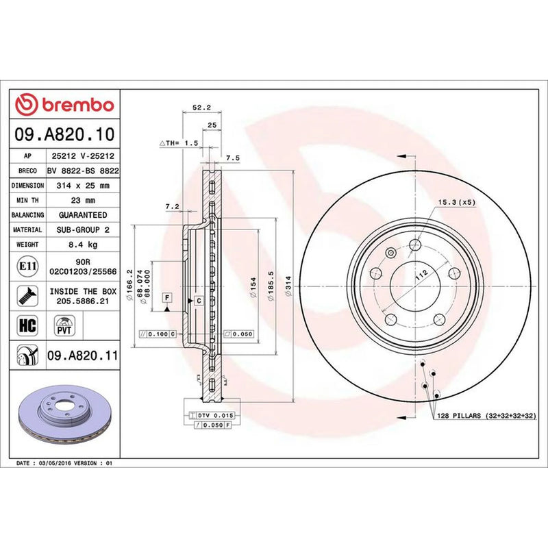 Brembo 2 x Front Brake Discs 09.A820.11