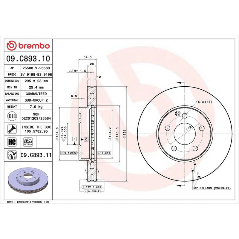Brembo 2 x Internally Vented Front Brake Discs 09.C893.11