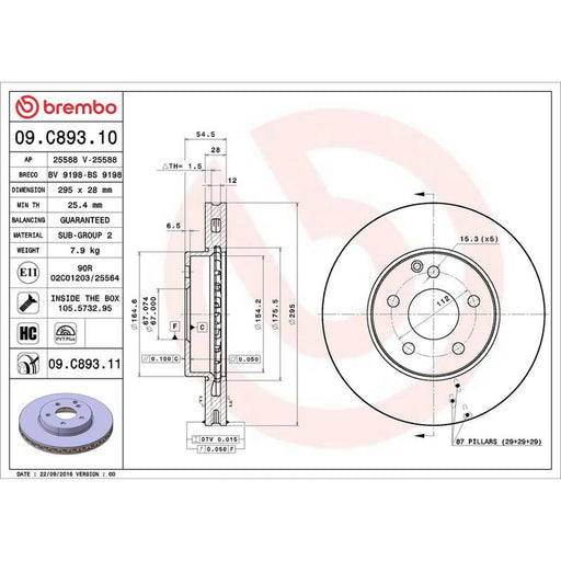 Brembo 2 x Internally Vented Front Brake Discs 09.C893.11