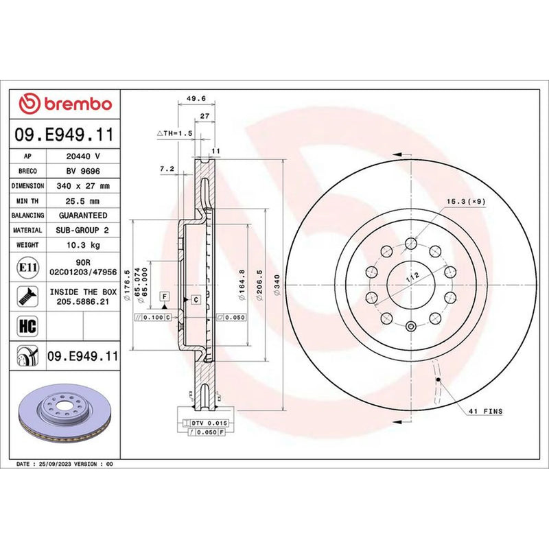 Brembo 2 x Internally Vented Front Brake Discs 09.E949.11
