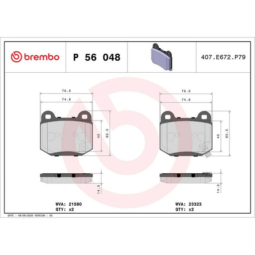 Brembo 4 x Rear Brake Pad Set P56048