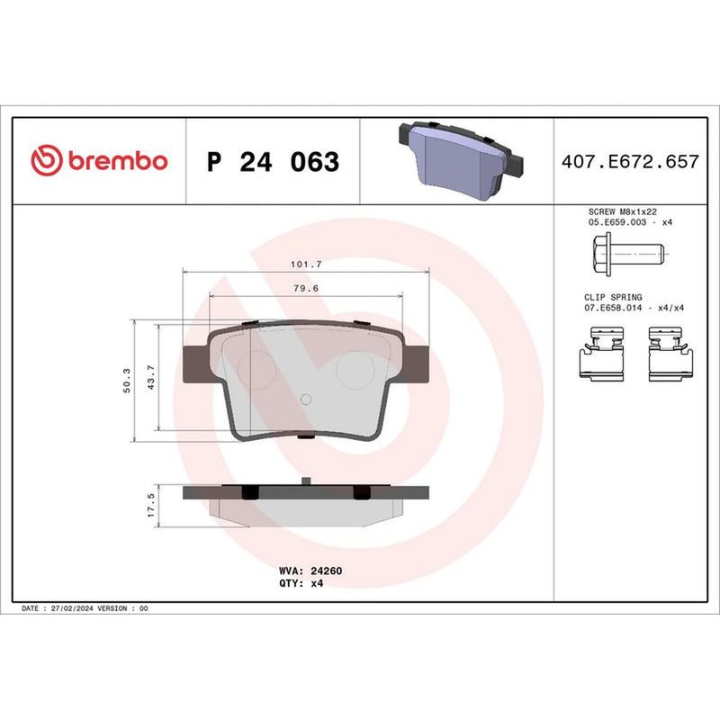 Brembo 4 x Rear Brake Pad Set P24063