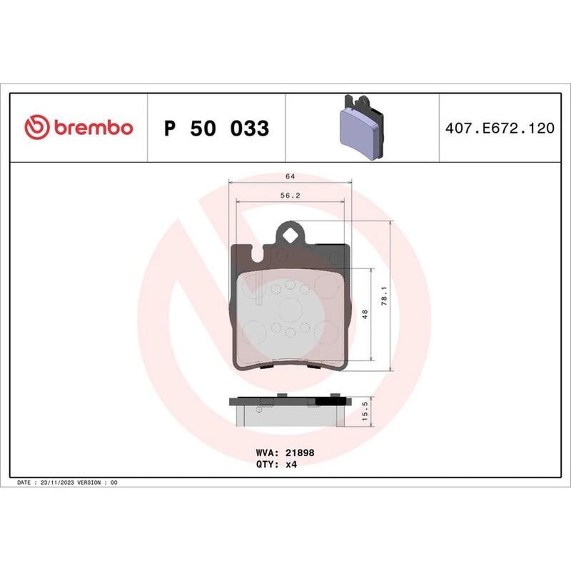 Brembo 4 x Rear Brake Pad Set P50033