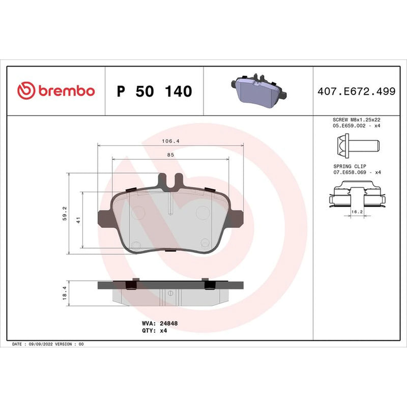 Brembo 4 x Rear Brake Pad Set P50140