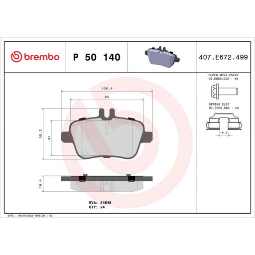 Brembo 4 x Rear Brake Pad Set P50140