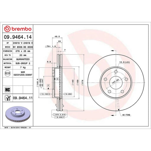 Brembo 2 x Internally Vented Front Brake Discs 09.9464.11