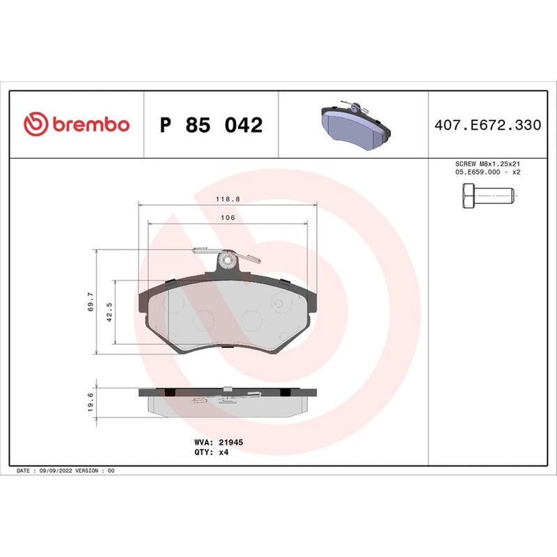 Brembo 4 x Front Brake Pad Set P85042