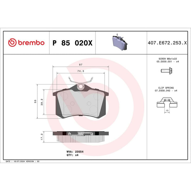 Brembo 4 x Rear Brake Pad Set P85020X