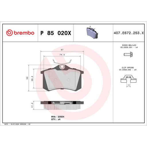 Brembo 4 x Rear Brake Pad Set P85020X
