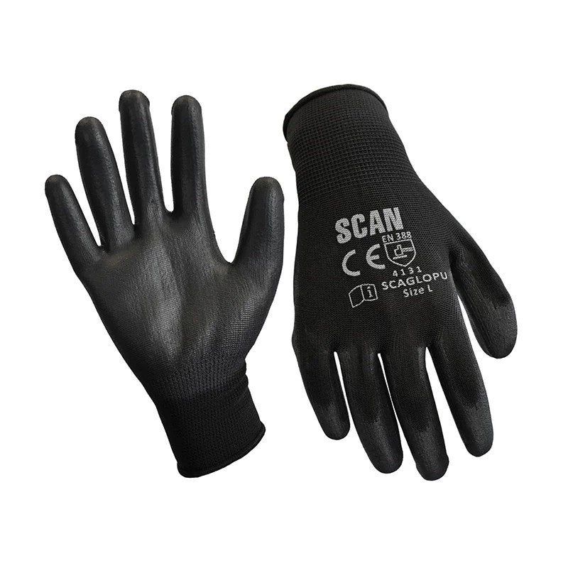 Scan Black PU Coated Gloves - L (Size 9) (12 Pairs) - 2AYH22L-24