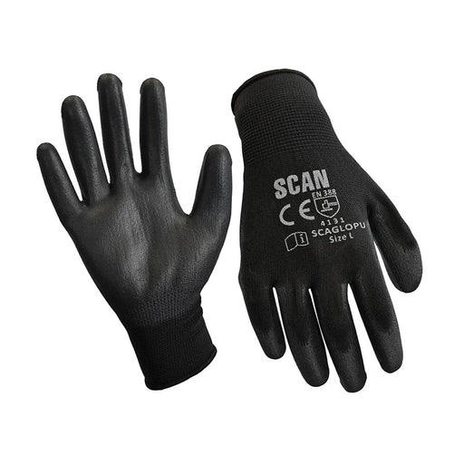 Scan Black PU Coated Gloves - M (Size 8) (12 Pairs) - SCAGLOPU12M