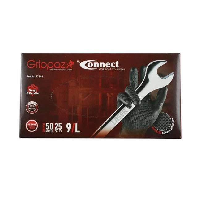 Connect Grippaz Large Black Nitrile Gloves Box 50pc/25 Pairs - CPL