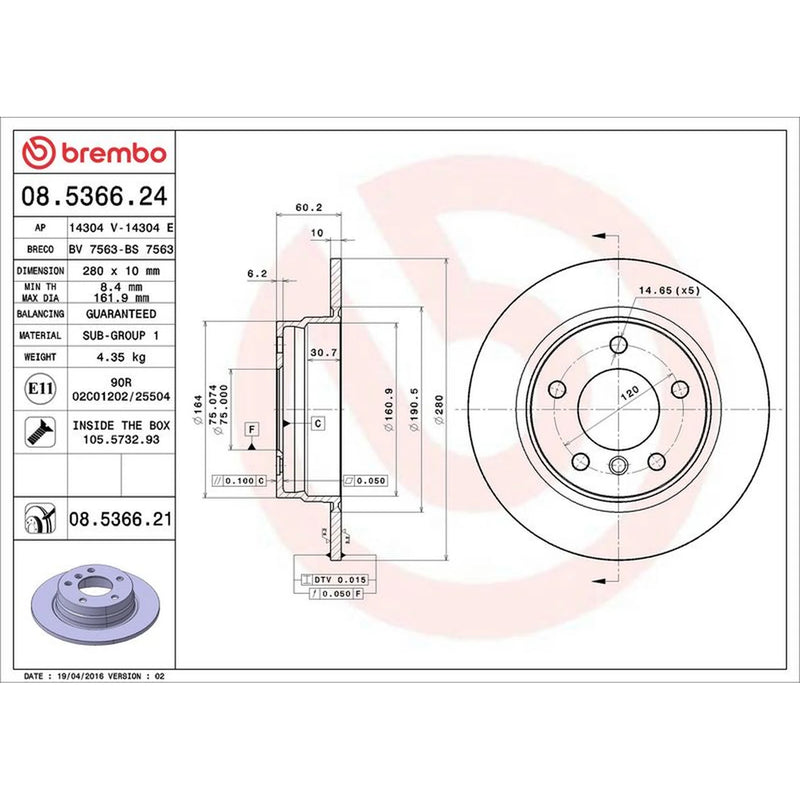 Brembo 2 x Solid Rear Brake Discs 08.5366.21