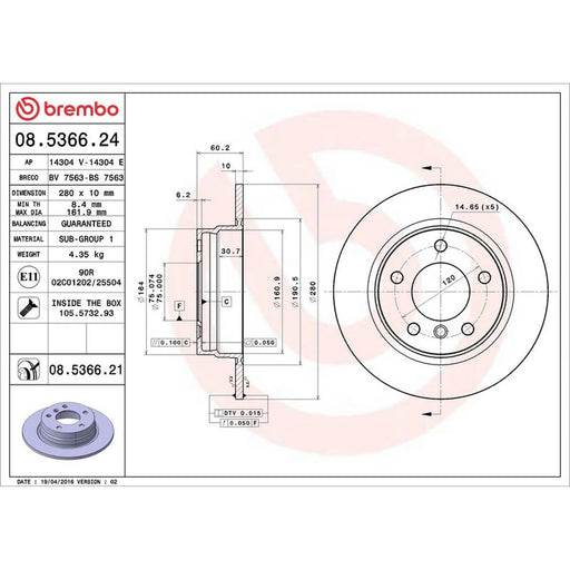 Brembo 2 x Solid Rear Brake Discs 08.5366.21