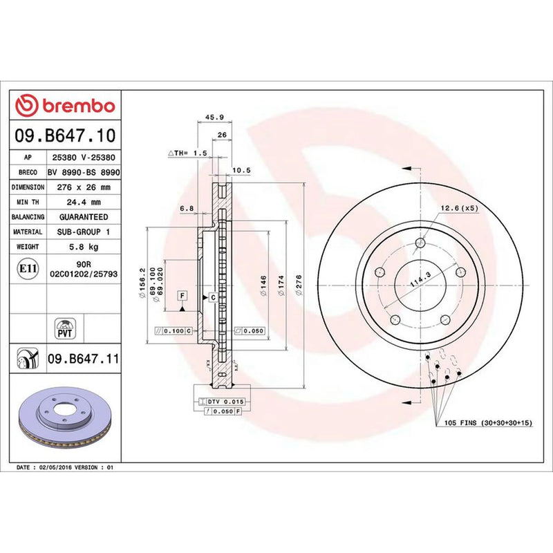 Brembo 2 x Front Brake Discs 09.B647.11