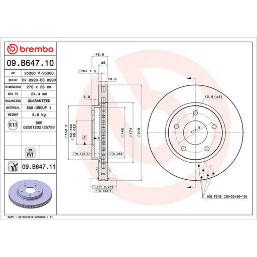 Brembo 2 x Front Brake Discs 09.B647.11