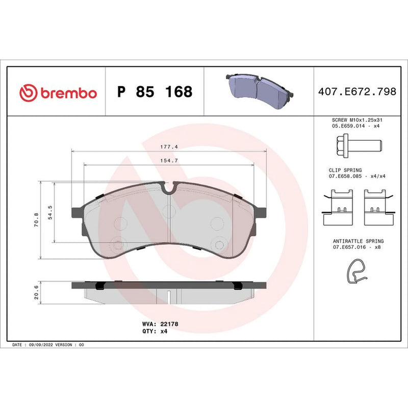 Brembo 4 x Front Brake Pad Set P85168