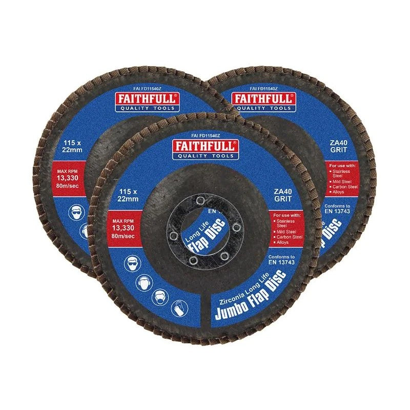 Faithfull Zirconia Abrasive Jumbo Flap Disc 115 x 22mm 40 Grit (3 Pack)