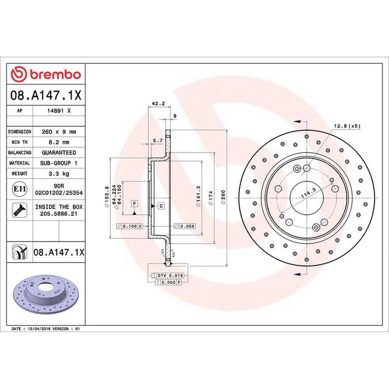 Brembo Xtra 2 x Perforated Rear Brake Discs 08.A147.1X