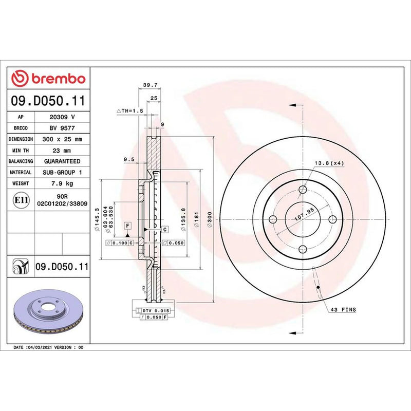 Brembo 2 x Internally Vented Front Brake Discs 09.D050.11