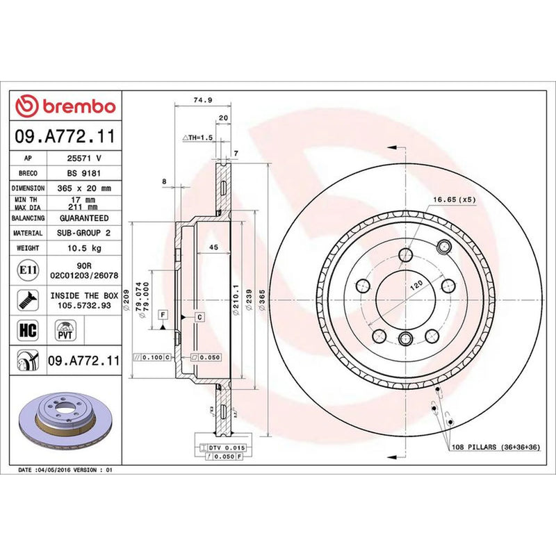 Brembo 2 x Rear Brake Discs 09.A772.11