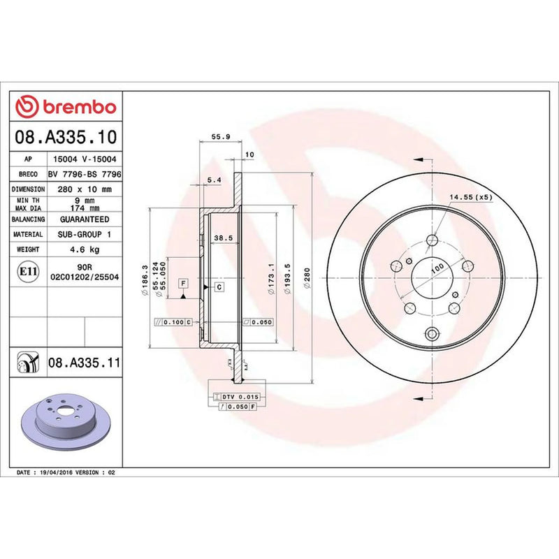 Brembo 2 x Solid Rear Brake Discs 08.A335.11