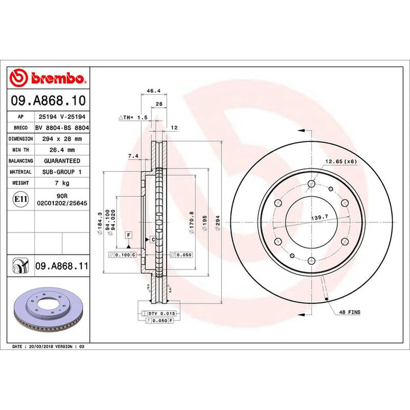 Brembo 2 x Internally Vented Front Brake Discs 09.A868.11