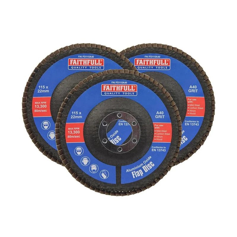 Faithfull Aluminium Oxide Flap Disc 115 x 22mm 40 Grit (3 Pack) - FAIFD11540A3