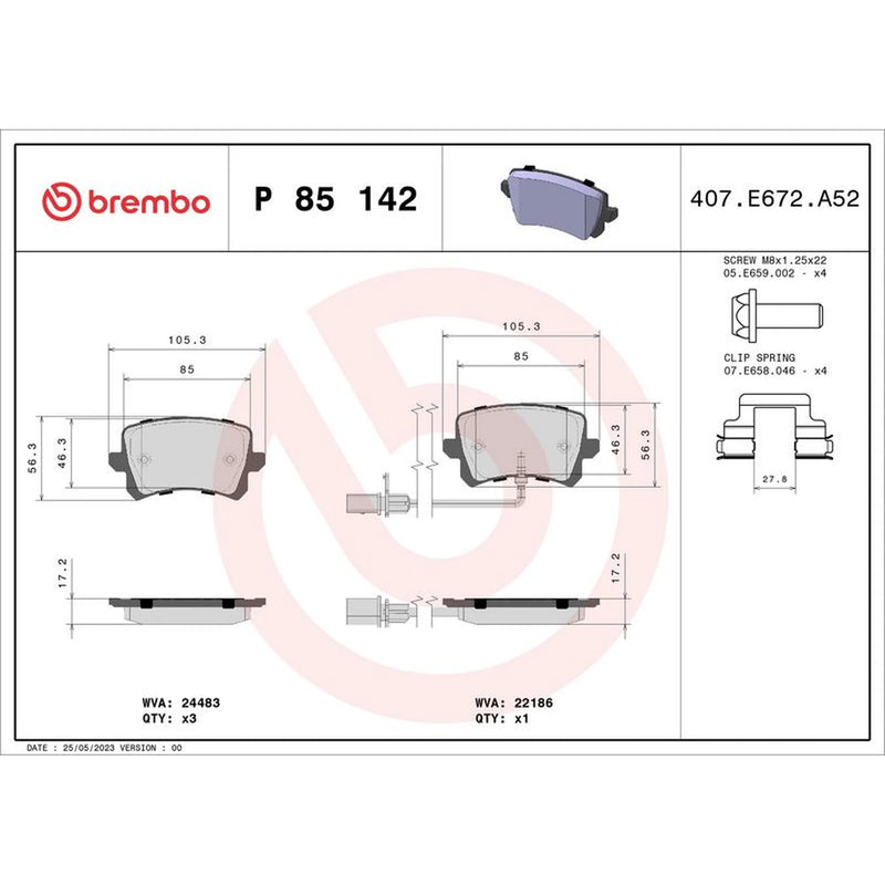 Brembo 4 x Rear Brake Pad Set P85142