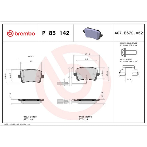 Brembo 4 x Rear Brake Pad Set P85142