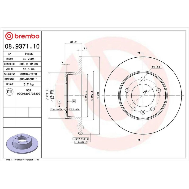 Brembo 2 x Solid Rear Brake Discs 08.9371.10