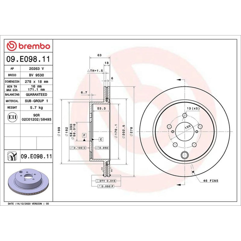 Brembo 2 x Internally Vented Rear Brake Discs 09.E098.11