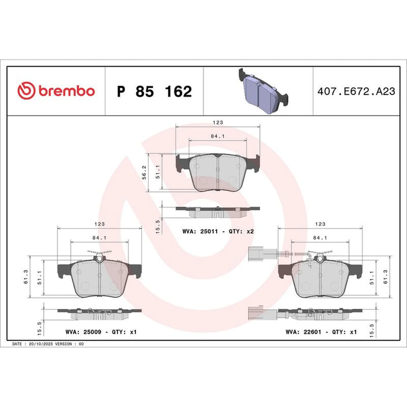 Brembo 4 x Rear Brake Pad Set P85162