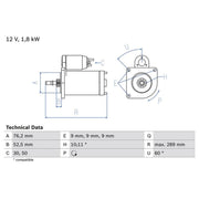 Bosch Starter Motor 12V 1.8kW 10 Teeth 0 986 016 190