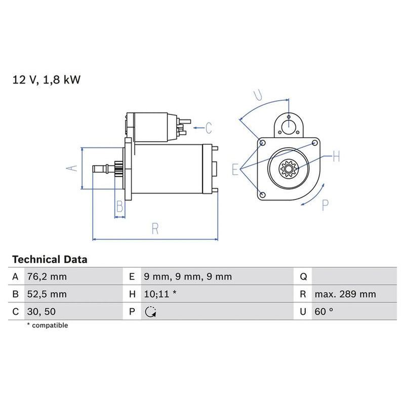 Bosch Starter Motor 12V 1.8kW 10 Teeth 0 986 016 190