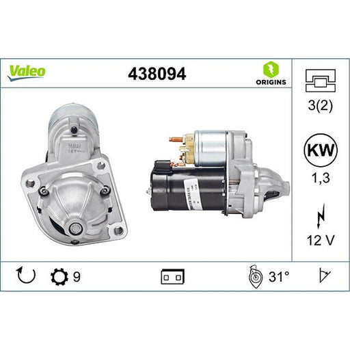 Valeo Starter Motor 12V 1.3kW 9 Teeth 438094