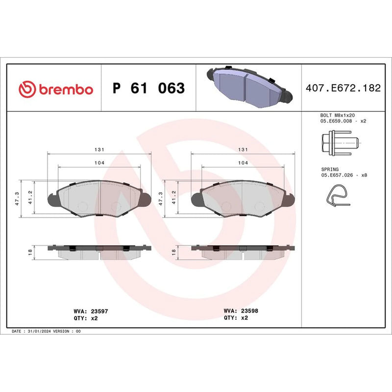 Brembo 4 x Front Brake Pad Set P61063