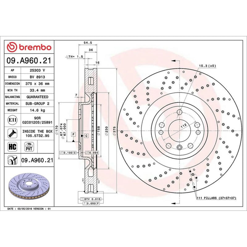 Brembo 2 x Perforated/Vented Front Brake Discs 09.A960.21