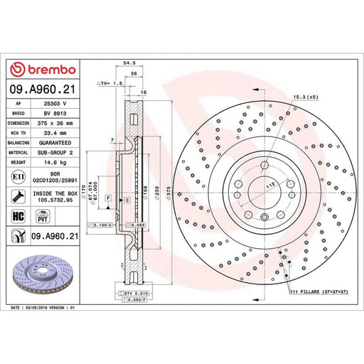 Brembo 2 x Perforated/Vented Front Brake Discs 09.A960.21